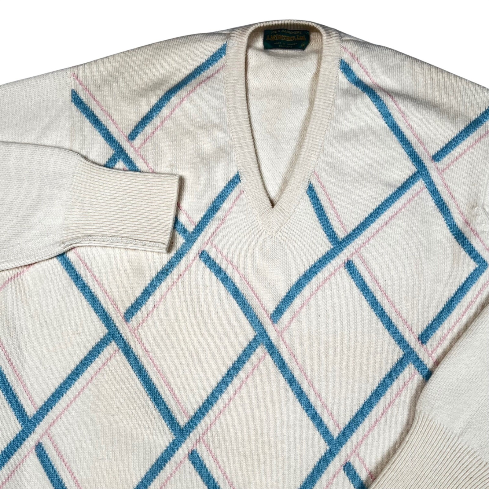 J. Mcinerney Ltd Cashmere V-Neck Sweater Mens Cream Geometric Scotland 687